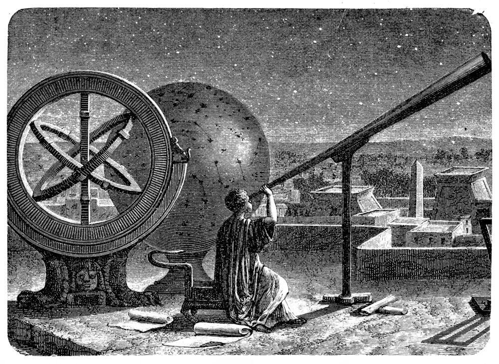 Illustration of Greek astronomer Hipparchus in his observatory in Alexandria. Credit: Nastasic / Getty Images