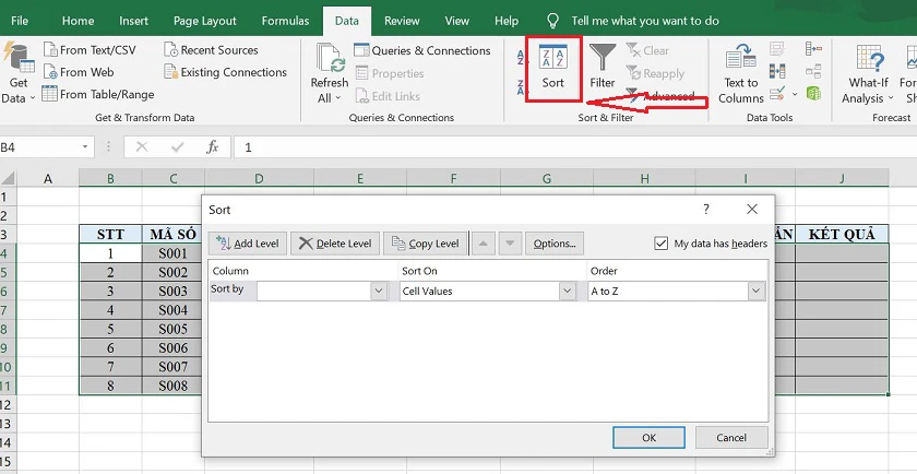 Sắp xếp trong Excel qua công cụ Sort