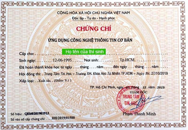 Mẫu chứng chỉ tin học - Trung tâm tin học Đại học Khoa học Tự nhiên