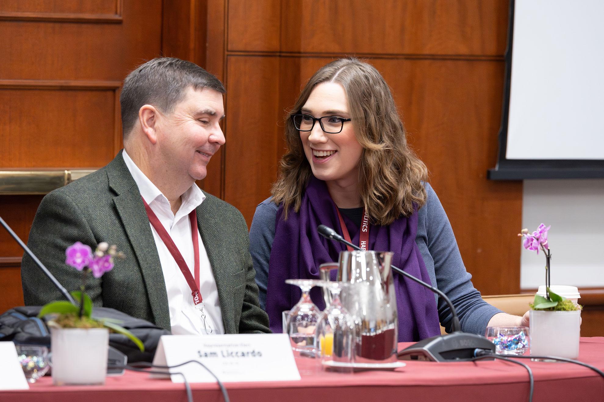 Representative-Elect John Mannion (NY-22, D) and Representative-Elect Sarah McBride (DE-AL, D) in conversation.