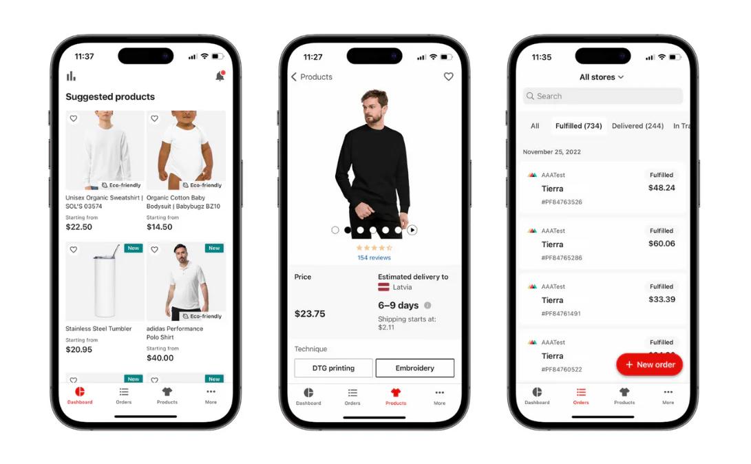 three phone screens show different stages of creating a print-on-demand product on Printful