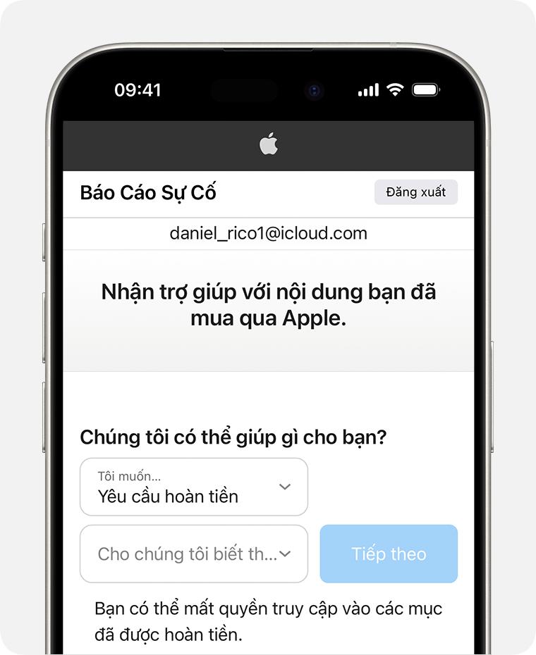 iPhone hiển thị trang web Báo cáo sự cố để bạn có thể yêu cầu hoàn tiền. Sau khi chọn Request a refund (Yêu cầu hoàn tiền), hãy chọn lý do bạn yêu cầu hoàn tiền.