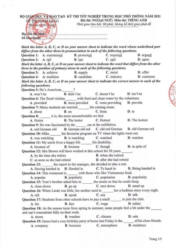 Đáp án tham khảo môn Tiếng Anh đề thi minh họa kỳ thi tốt nghiệp THPT 2021