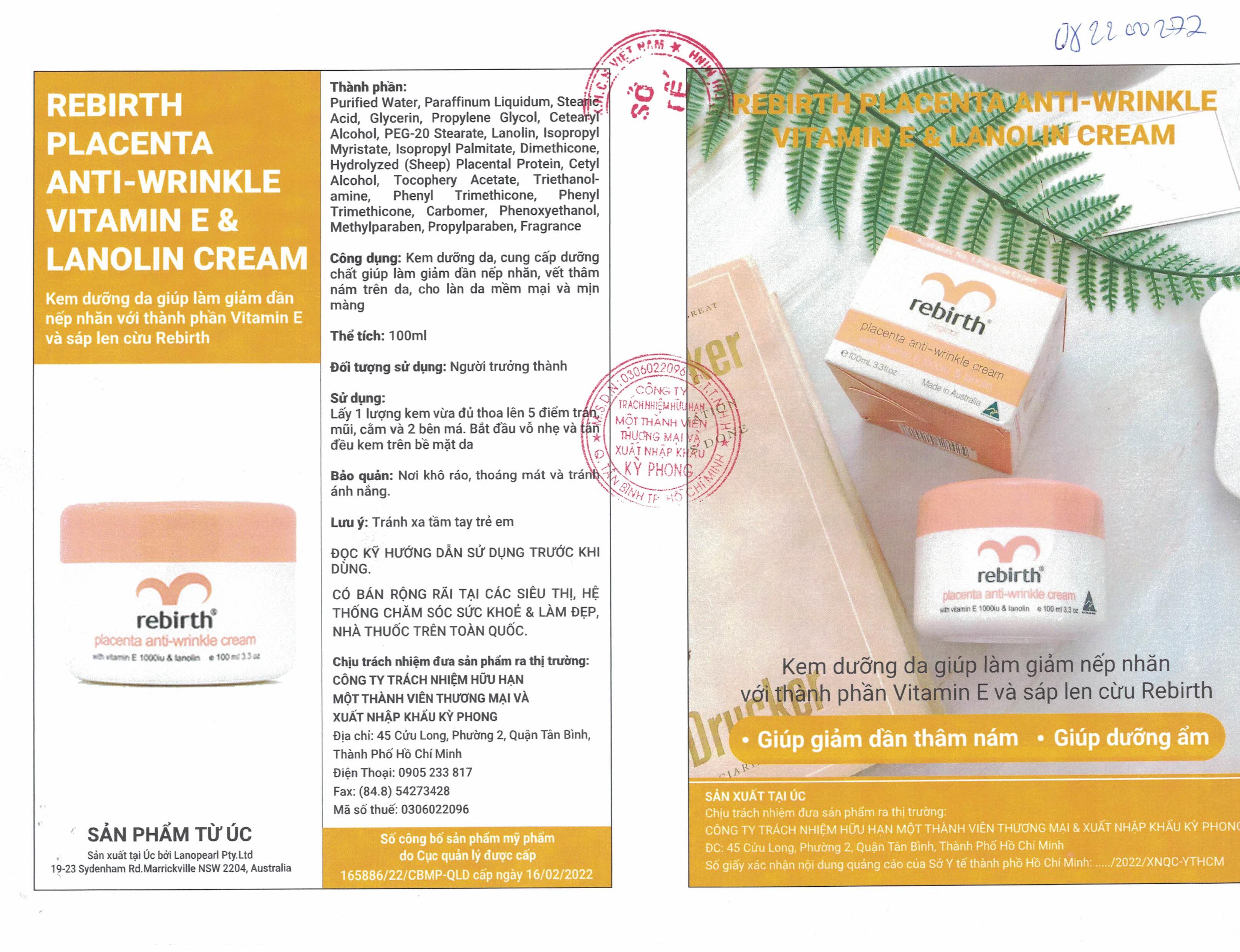 Kem dưỡng da giúp làm giảm dần nếp nhăn với thành phần Vitamin E và sáp len cừu Rebirth (100ml)